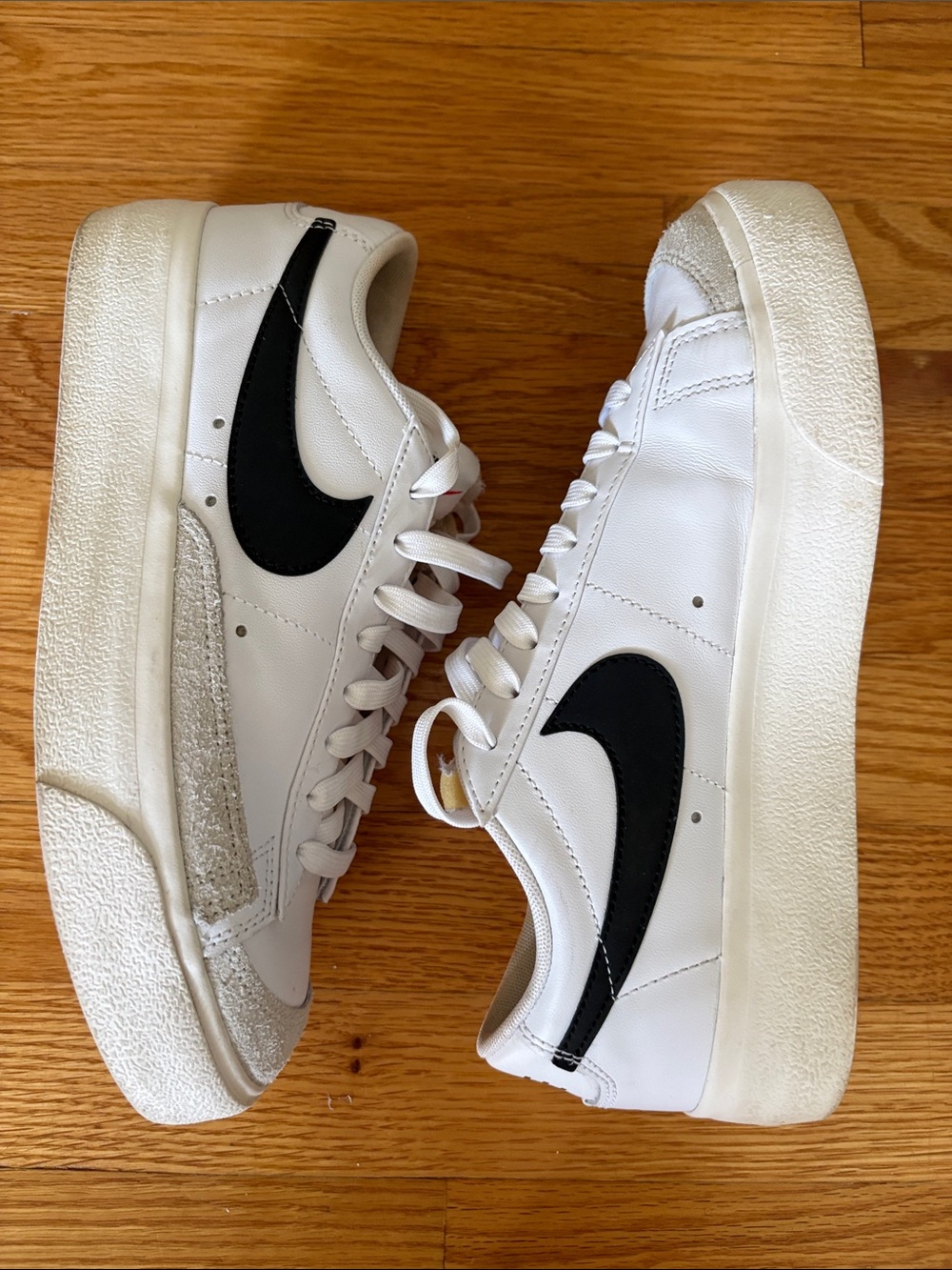 Nike Blazer Loe Cut White Platform Sneakers w Black Swoosh and Red Tongue Logo